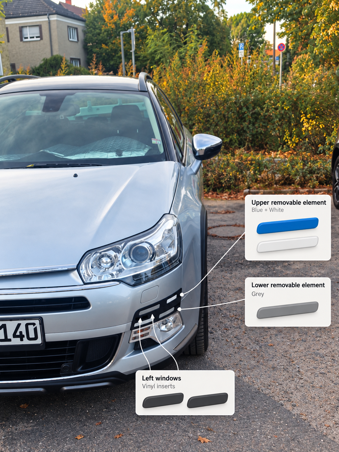 CitroWings layout: two left graphite vinyl inserts; upper-right removable TPU in blue and white, both included; lower-right removable grey TPU.